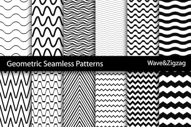 Sammlung von geometrischen nahtlosen Mustern Schwarz-Weiß-Wellen-Zickzack-Textur