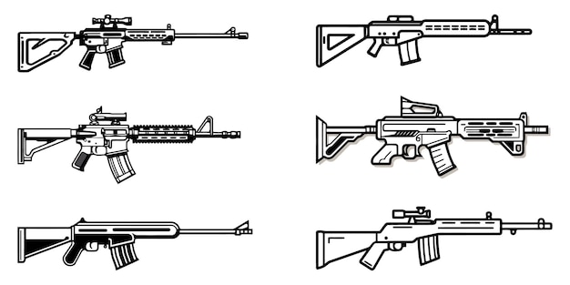 Sammlung von Gewehrvektor-Silhouettenillustrationen isoliert auf weißem Hintergrund