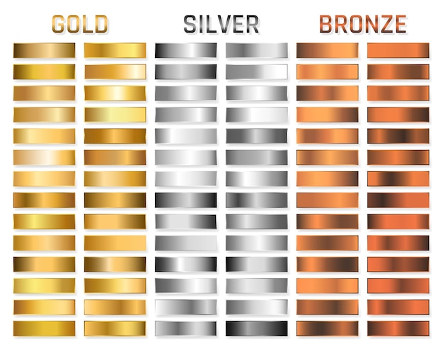 Sammlung von gold, silber, chrom, bronze metallic gradient. brillante platten mit gold-, silber-, chrom- und bronze-metallic-effekt.