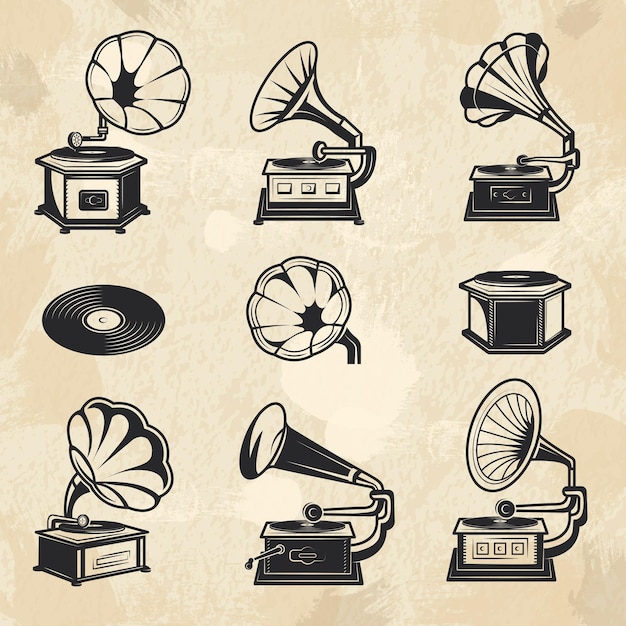 Sammlung von Grammophonen. Vintage Radio Musik Symbole Vinyl Schallplatten Vektor Bilder Set