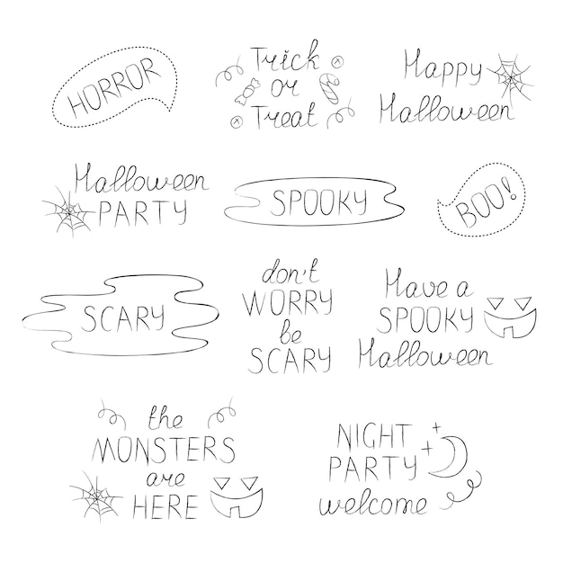 Vektor sammlung von halloween-ferienbuchstaben schwarz-weiß-doodle-vektorillustration