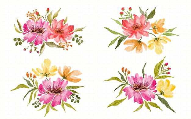 Sammlung von handgemalten aquarellillustrationen der rosa und gelben blumendekorationsanordnung