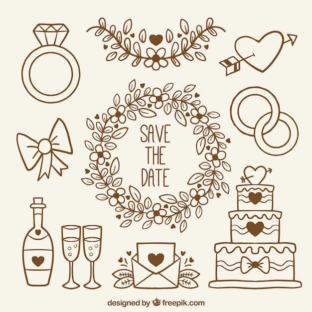 Sammlung von handgezeichneten Artikeln für Hochzeiten