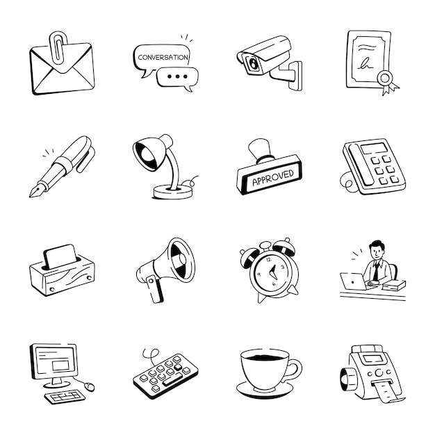Sammlung von handgezeichneten Büro-Ikonen