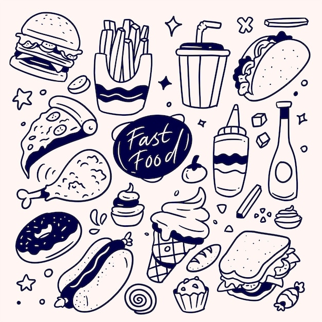 Sammlung von handgezeichneten Fast Food, Gekritzel Fast Food