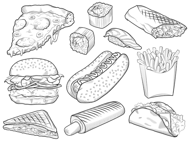 Sammlung von handgezeichneten fast-food-lebensmitteln auf whiteboard