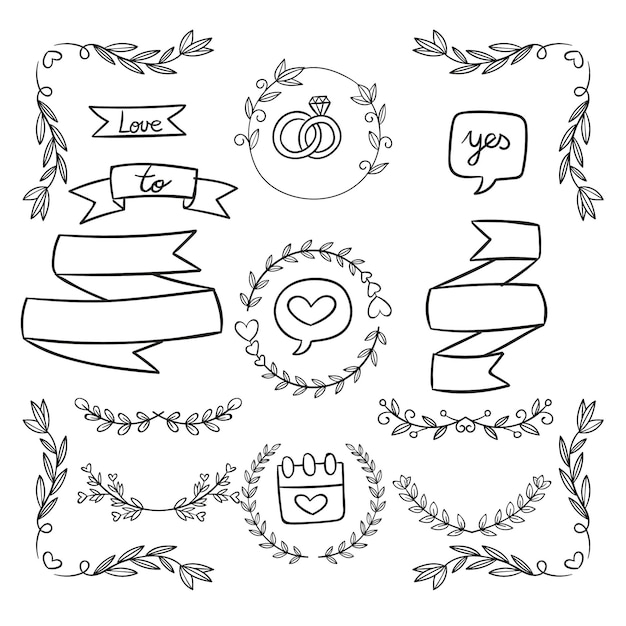 Sammlung von handgezeichneten Hochzeitsornamenten