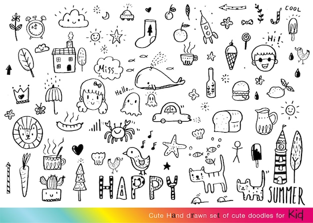 Sammlung von handgezeichneten niedlichen Zeichnungen von Doodle-Kindern, die süße Zeichnungen an Tier-Cartoons zeichnen.
