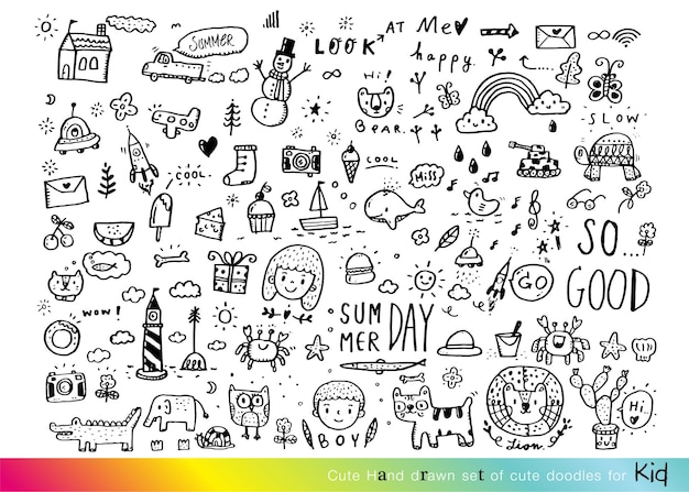 Sammlung von handgezeichneten niedlichen Zeichnungen von Doodle-Kindern, die süße Zeichnungen an Tier-Cartoons zeichnen.