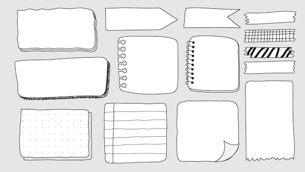 Sammlung von handgezeichneten Notizbüchern, Papiern, klebrigen Notizen und dekorativen Klebebandschnitten in Schwarz-Weiß, perfekt für Tagebuchplaner und Scrapbooks