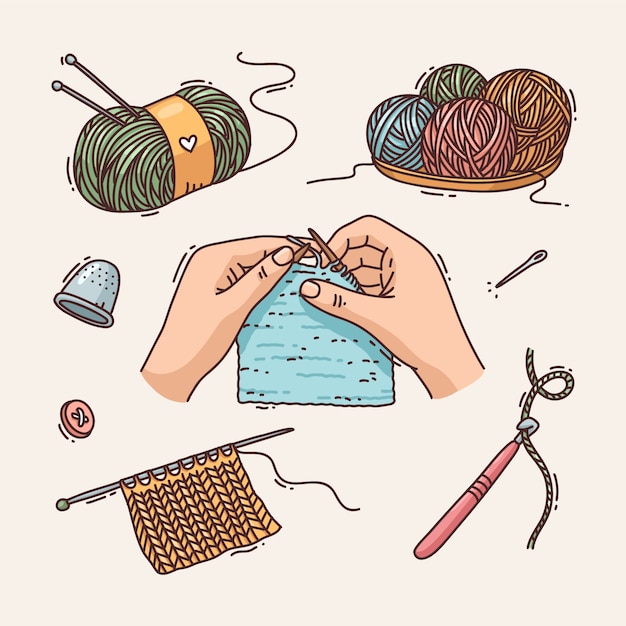 Sammlung von handgezeichneten Strickelementen