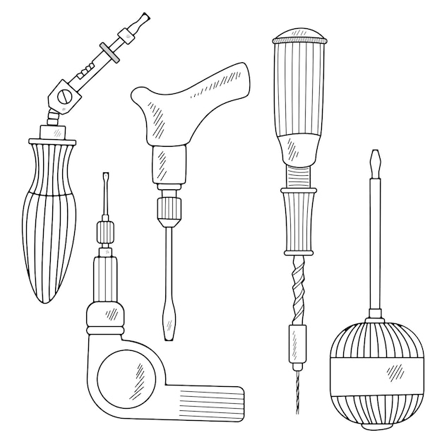 Sammlung von handwerkzeugen handmade cartoon mit verschiedenen elementen der skizze ein mechanischer schraubendreher in einem flachen stil auf weißem hintergrund vektor-illustration
