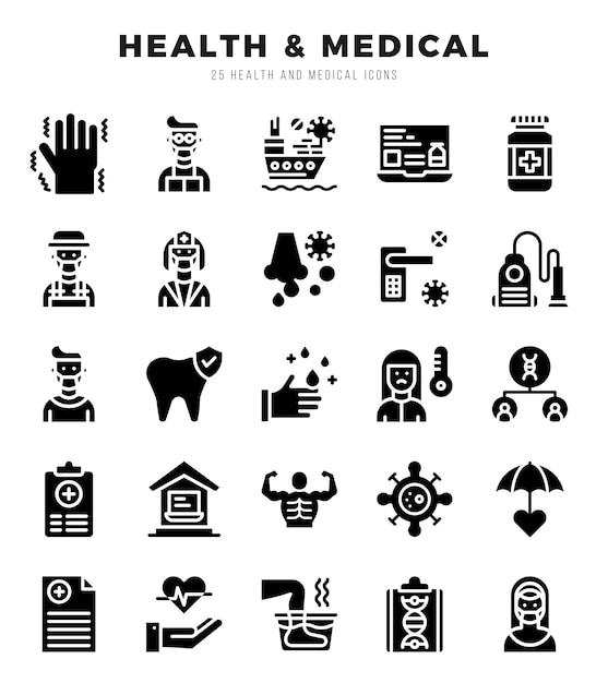 Vektor sammlung von health medical 25 glyph icons pack