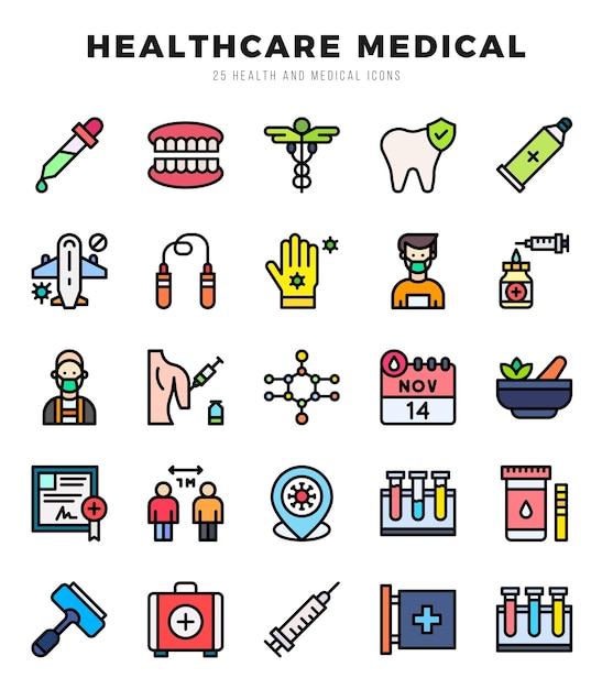 Sammlung von HEALTHCARE MEDICAL 25 Lineal Color Icons Pack