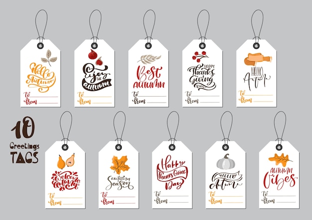 Sammlung von herbst-tags mit kalligraphischen phrasen happy thanksgiving day und platz für text.