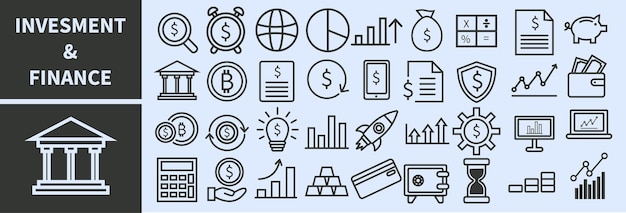 Sammlung von Ikonen für Finanz- und Investitionslinien Satz von Linienwebpiktogrammen