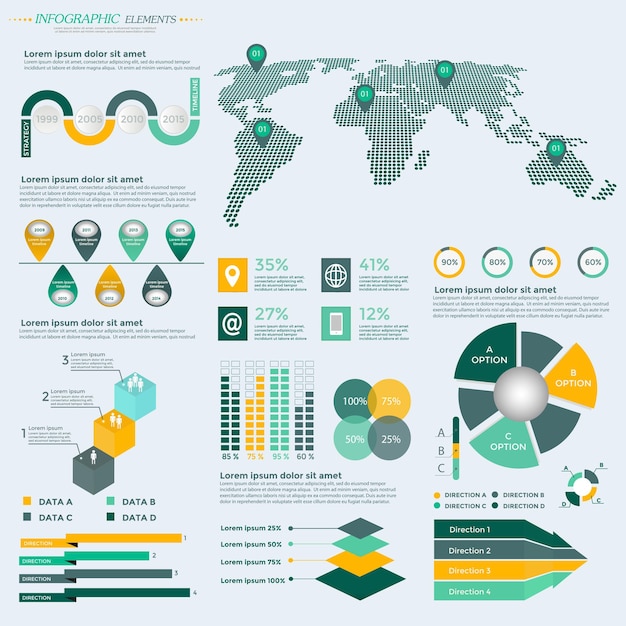 Sammlung von Infografik-Elementen - Business-Vektorillustration für Präsentation, Broschüre, Website, Blog, Workflow-Layout, Broschüre, Banner, Karte, Step-up-Optionen, Webdesign, Poster, Flyer, Zeitleiste.