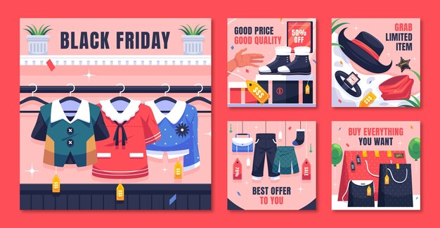 Vektor sammlung von instagram-beiträgen für black-friday-verkäufe