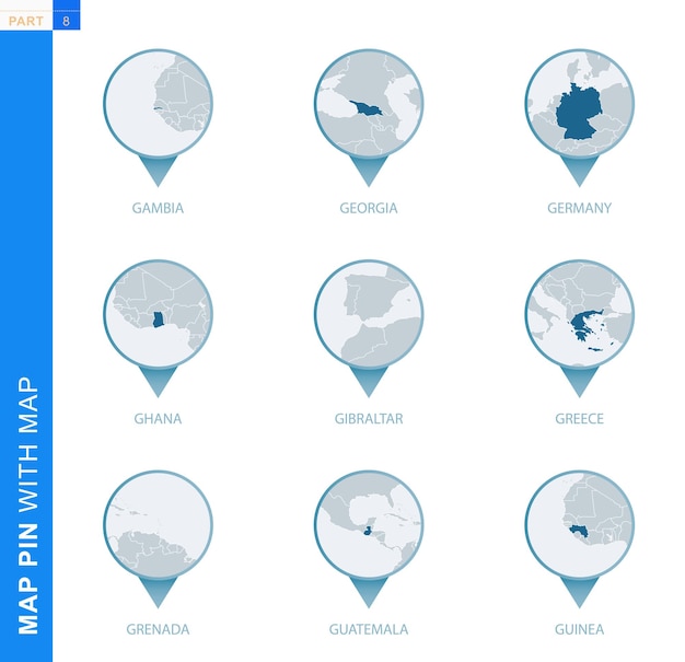 Sammlung von karten-pins mit detaillierter karte und nachbarländern, 9 karten-pins von gambia, georgia, deutschland, ghana, gibraltar, griechenland, grenada, guatemala, guinea