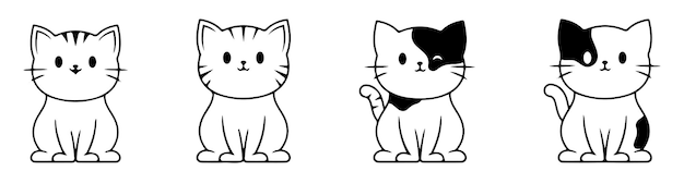 Sammlung von katzensymbolen, kätzchen-emoji-symbole, set, einfache umrisse von katzenkopf-emoticon-bildern in schwarz und weiß, eps 10