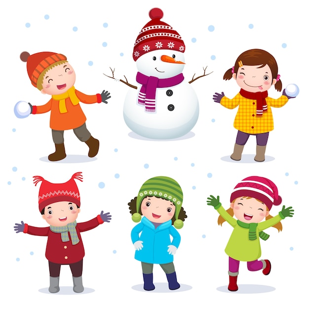 Vektor sammlung von kindern mit schneemann im winterkostüm