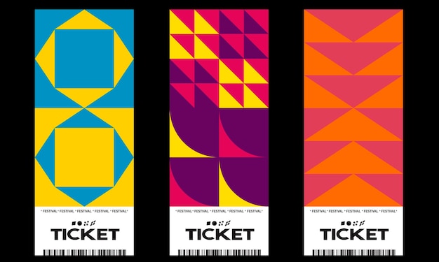 Sammlung von layout-vorlagen für das design von festivaltickets, die mit vektorgeometrischen mustergrafiken erstellt wurden.