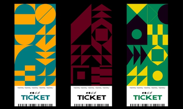 Sammlung von layout-vorlagen für das design von festivaltickets, die mit vektorgeometrischen mustergrafiken erstellt wurden.