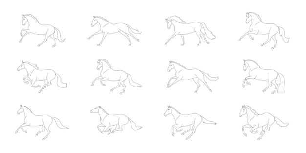 Sammlung von Lineart-Illustrationen von Pferden in verschiedenen Posen