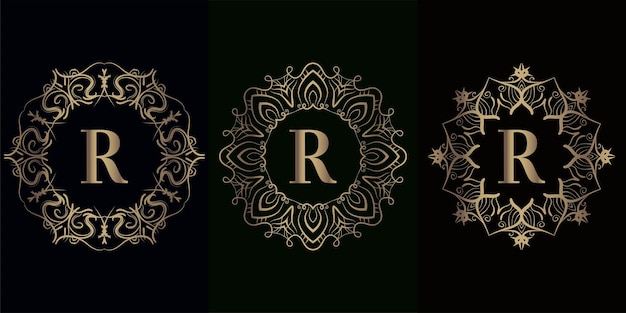 Sammlung von logo initial r mit luxus-mandala-ornament-rahmen umrahmt luxus-mandala-ornament-rahmen