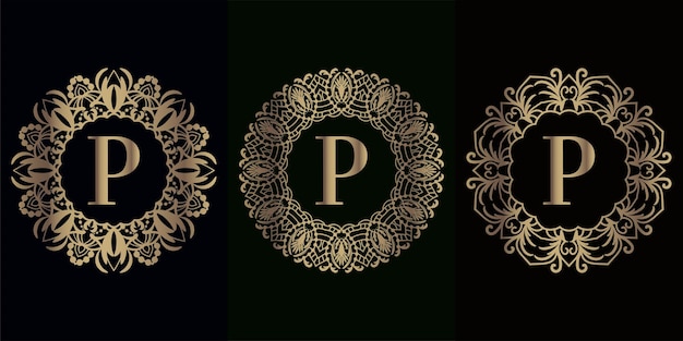 Sammlung von logo-initialen p mit luxuriösem mandala-ornament-rahmen