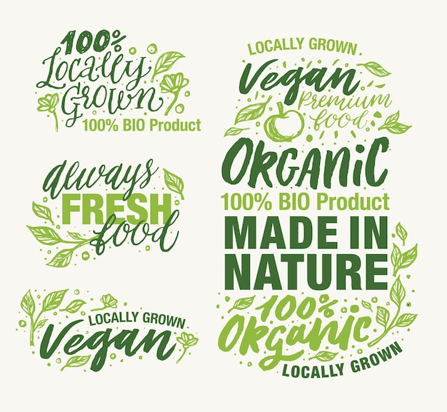 Vektor sammlung von logos und elementen für in der natur hergestellte ökologische produkte und lokal angebaute vegane produkte