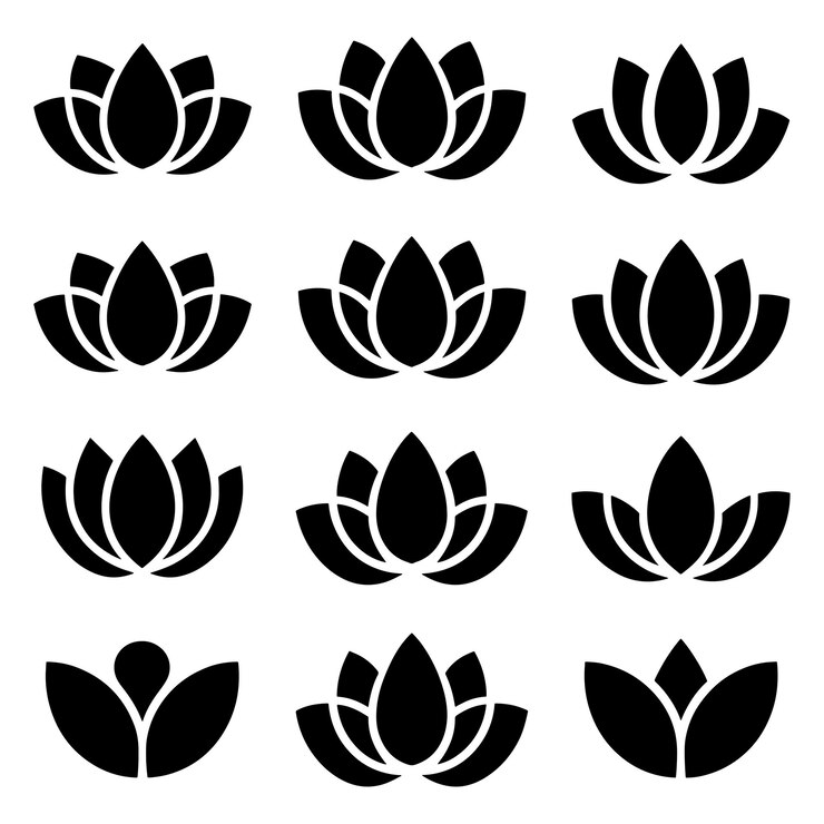 Sammlung von Lotusblumen-Ikonen in Schwarz-Weiß