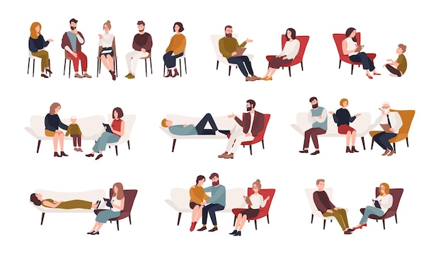 Sammlung von Männern und Frauen oder Ehepaaren, die auf Stühlen sitzen oder auf dem Sofa liegen und mit Psychotherapeuten oder Psychologen sprechen. Gruppen- oder Familienpsychotherapie. Flache Cartoon-Vektor-Illustration.