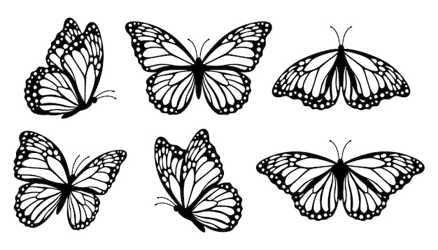 Vektor sammlung von monarchfalter-silhouetten, vektorillustration isoliert auf weißem hintergrund.