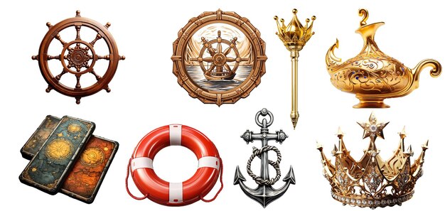 Sammlung von nautischen und königlichen elementen, darunter schiffsrad-ankerkrone und mehr für verschiedene designs