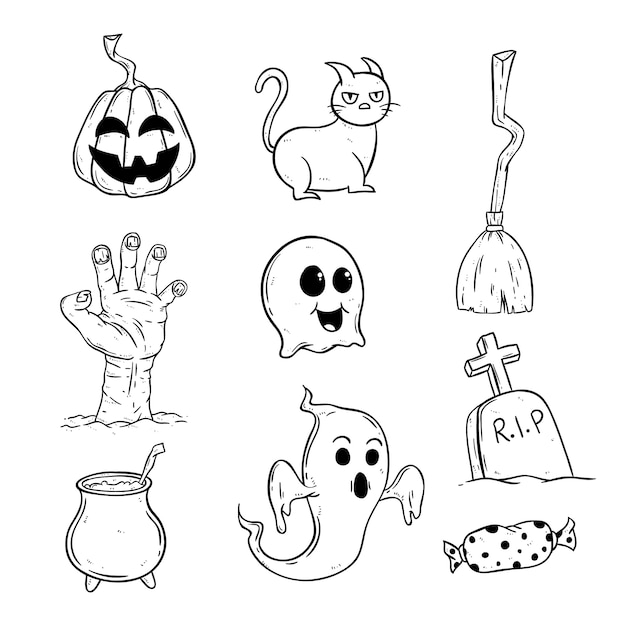 Sammlung von niedlichen halloween-icons mit doodle-stil