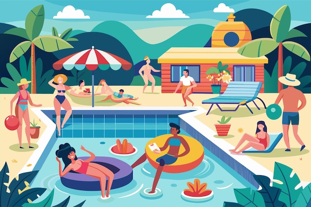 Vektor sammlung von personen, die während einer gemütlichen versammlung um einen pool herum sitzen und faulenzen, poolparty anpassbare flache illustration