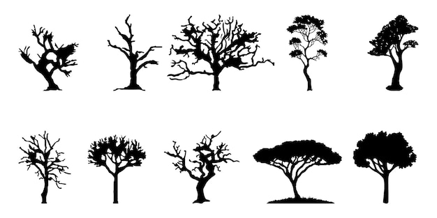 Sammlung von pflanzen- und baumsilhouetten silhouetten toter bäume