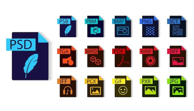 Vektor sammlung von photoshop-dateiformaten. psd,psb,bmp,png,raw,pdf,gif.jpg. dateitypvektor und -symbole.