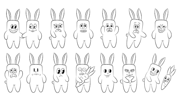 Vektor sammlung von retro-figuren hasen hippie-aufkleber comic-stil set von cartoon-kaninchen mit verschiedenen fröhlichen emotionen lustige charakter-maskottchen-aufkleber-vektorillustration