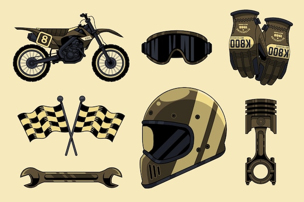 Sammlung von Retro-Motocross-Elementen