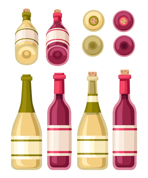 Sammlung von rot- und weißweinflasche und glasschale. flasche mit etikett. illustration auf weißem hintergrund