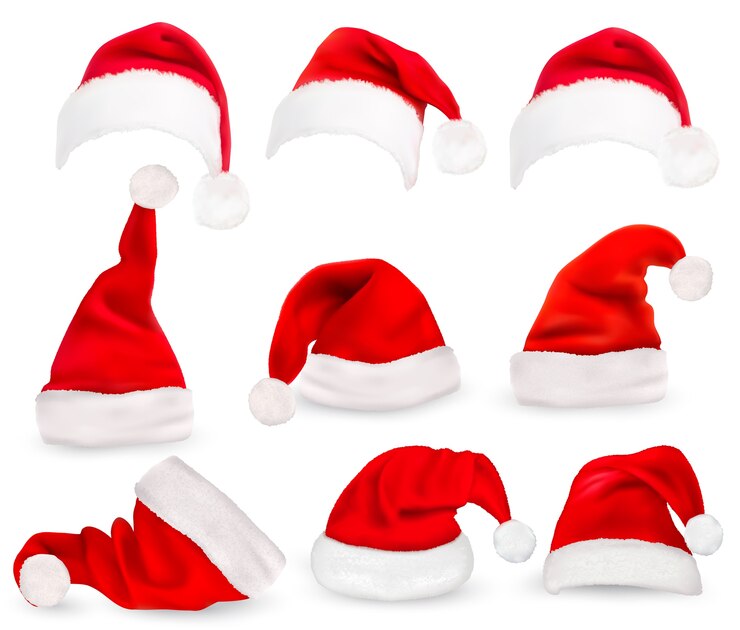 Sammlung von roten Weihnachtsmützen lokalisiert auf Weiß