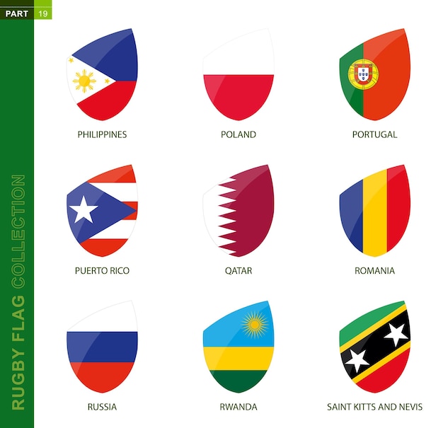 Sammlung von rugby-flaggen rugby-symbol mit flagge von 9 ländern philippinen polen portugal puerto rico katar rumänien russland ruanda st. kitts und nevis