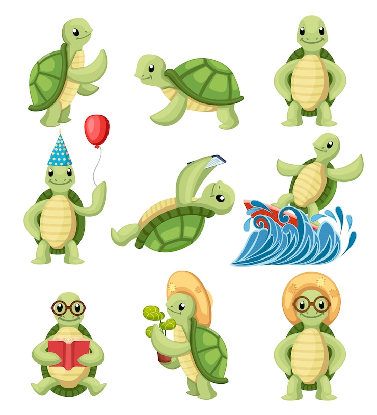 Vektor sammlung von schildkröten-zeichentrickfiguren. kleine schildkröten machen verschiedene dinge. illustration auf weißem hintergrund
