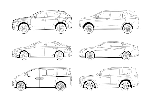 Vektor sammlung von schwarz-weiß-strichzeichnungen für autos