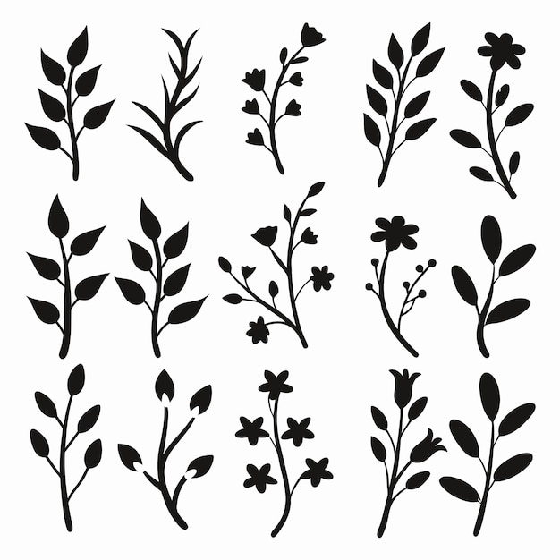 Sammlung von schwarzen Blumen- und Blattzweigen-Silhouetten