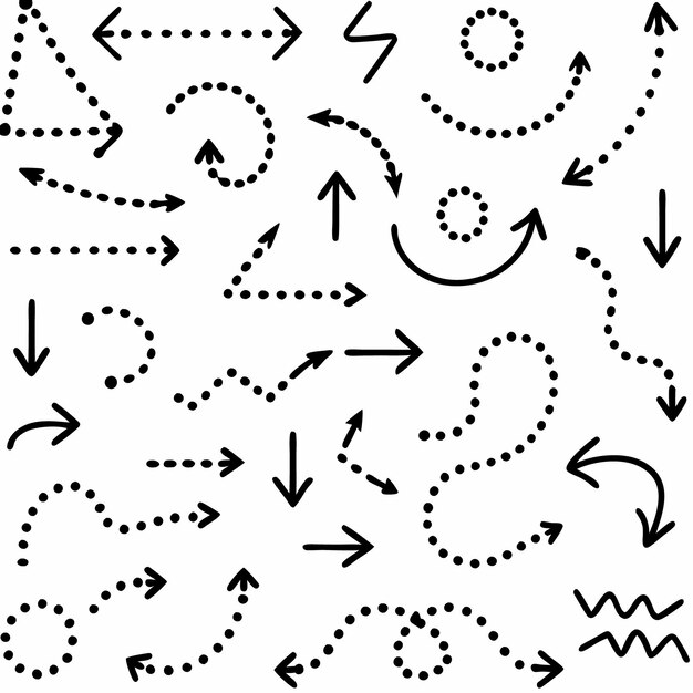 Sammlung von schwarzen handgezeichneten Pfeilen mit gestrichelten Linien und einfachen Formen, die auf weißem Hintergrund isoliert sind