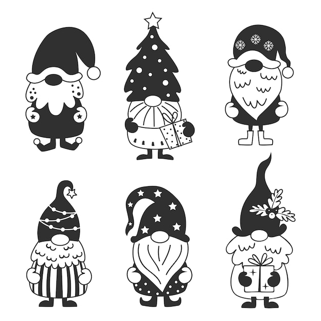 Sammlung von schwarzen weihnachtszwergen. vektorillustration für grußkarten, weihnachtseinladungen und scrapbooking