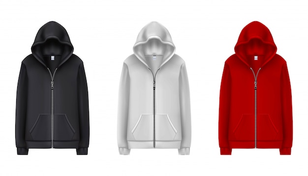 Sammlung von schwarzen, weißen und roten Sport-Hoodies. Illustration auf weißem Hintergrund.